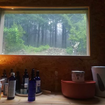 salon de massage avec une vue sur la forêt